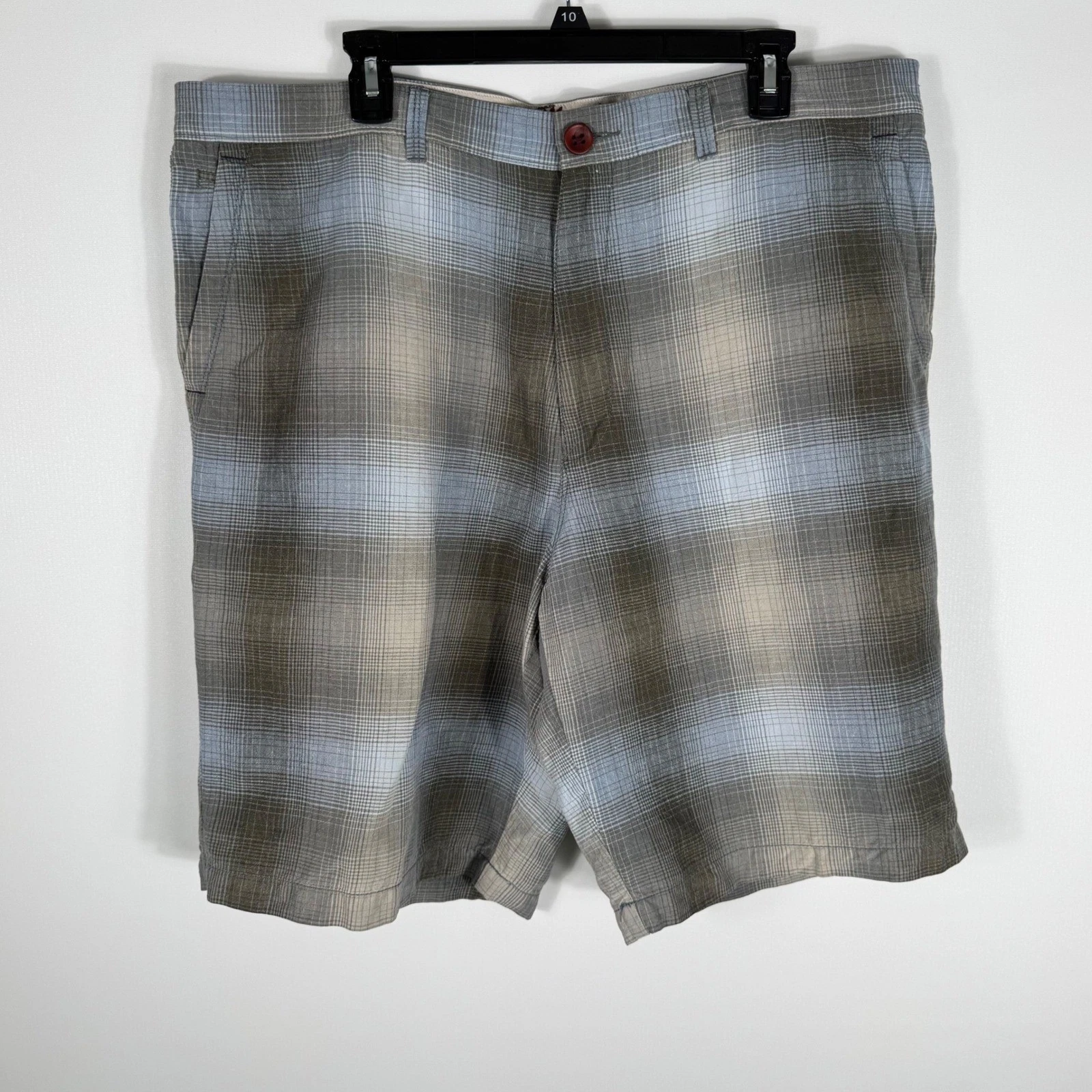 Tommy Bahama Plaid Linen Silk Blend Flat Front Shorts Mens 40 Blue Brown 10"