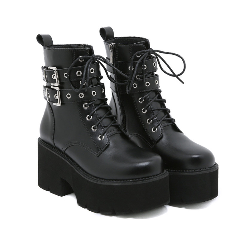 Botas al tobillo con cremallera de punta redonda con suela gruesa punk talla gruesa talla media