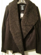 $98 Chelsea & Theodore Brown Faux Fur Suede Drape L/s Jacket Cardigan Sweater M