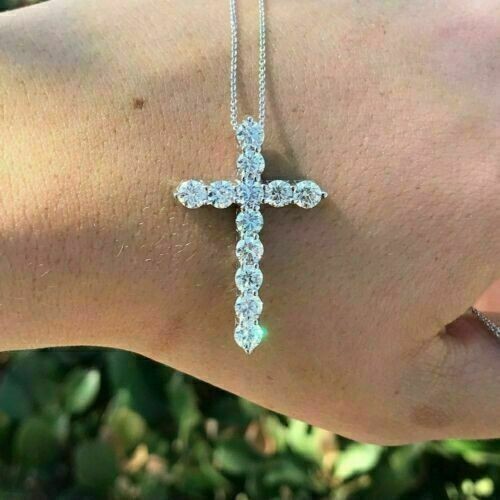 2 CT Brilliant Cut Moissanite Cross Pendant Cross Pendent 14K White Gold Plated - Picture 1 of 5
