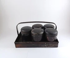Antique Japanned Tin Toleware Spice Tins In Tray, Allspice, Mace, Cinnamon...