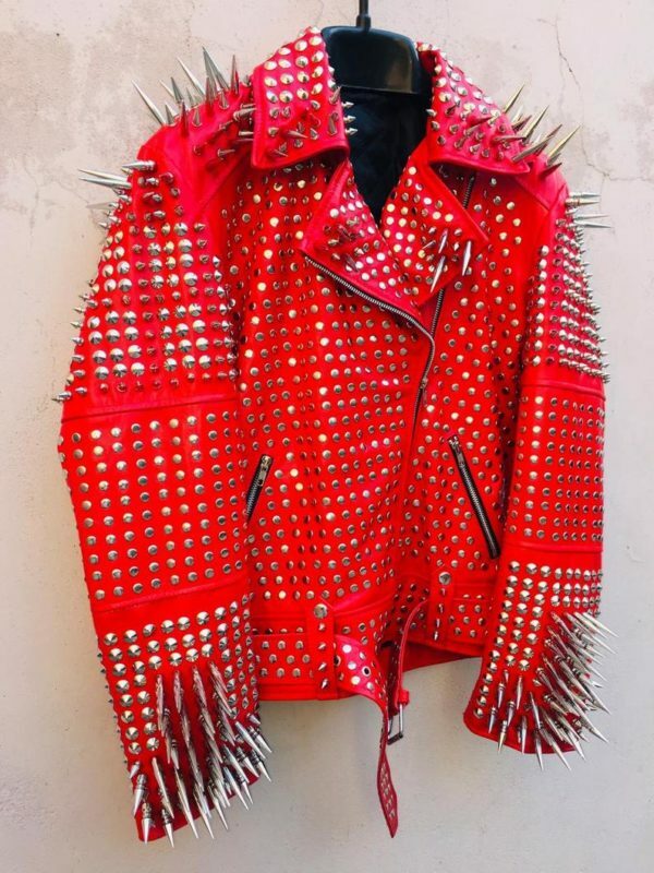 Men Classy Red Gothic Emo Style Leather Jacket with Silver