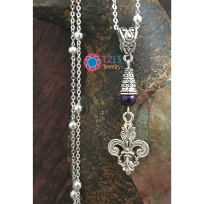 Fleur De Lis Handmade Necklace on Sterling Chain with Purple Accent 1213 Jewelry