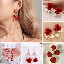 Fashion Red Rose Flower Crystal Earrings Stud Women Wedding Drop Dangle Jewelry