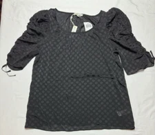 NWT Max Studio Women's 3/4 Ruched Sleeve Blouse Black on Black Polka Dot Size L