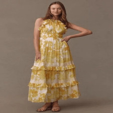 BHLDN Ava Floral Yellow Organza Halter Ruffle Midi Tier Lace Party Size Small