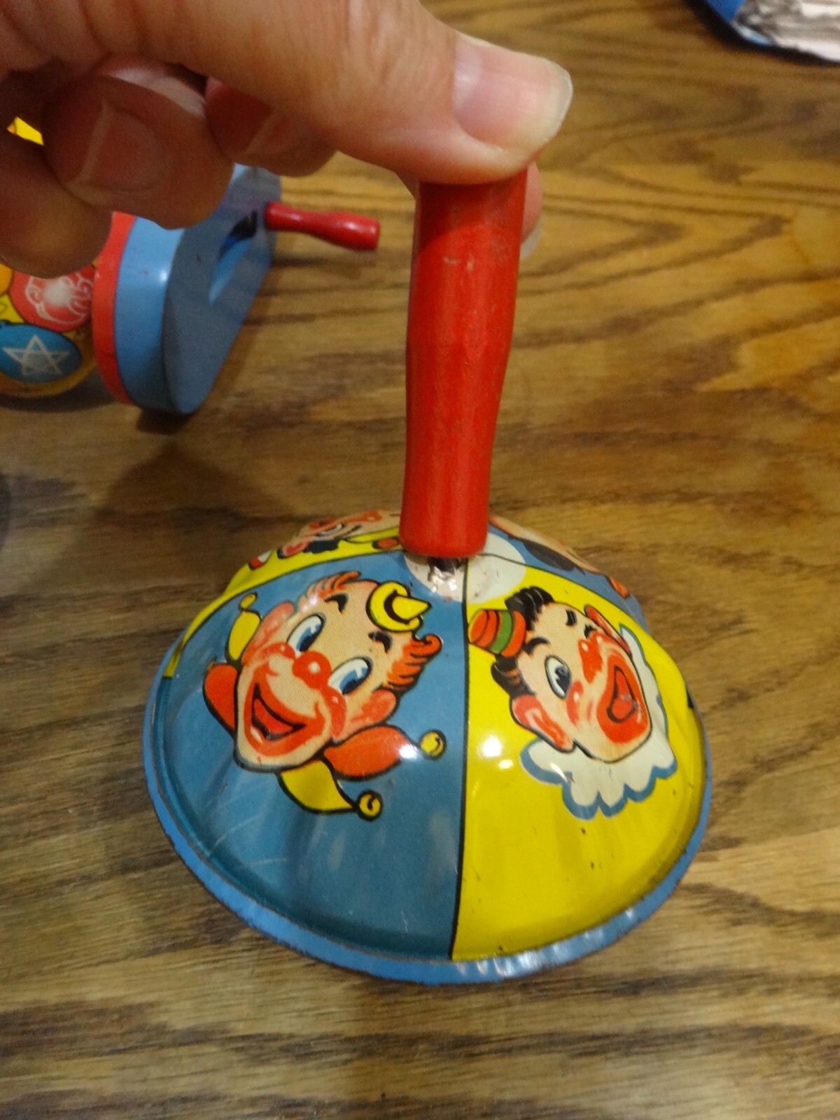 set of four vintage metal party noisemakers clowns, party hats