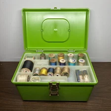 Vtg 60s 70s Wil-Hold Sewing Box w/ Tray Thread Findings Lime Green Plastic 