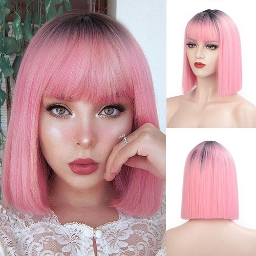 Natural Short Bob Wigs Pink Straight Human Hair Wig with Bangs Women Daily UK - Afbeelding 1 van 6