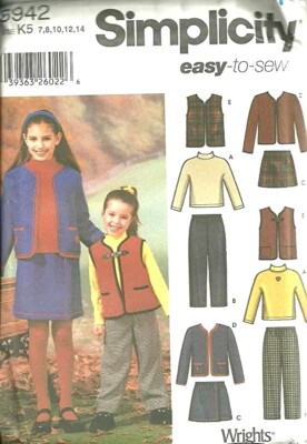 Simplicity Sewing Pattern 5942 Pants Skirt Jacket Or Vest Knit Top Girls 7-14