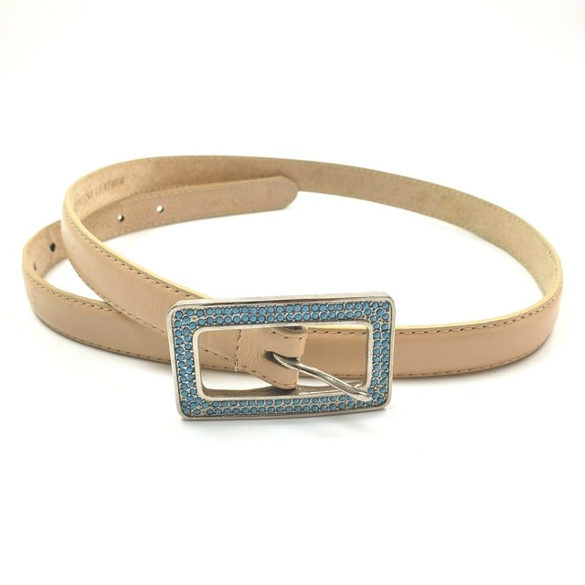 Womens Skinny Cream Leather Belt w/Silver Buckle Turquoise Color Stones Medium eBay