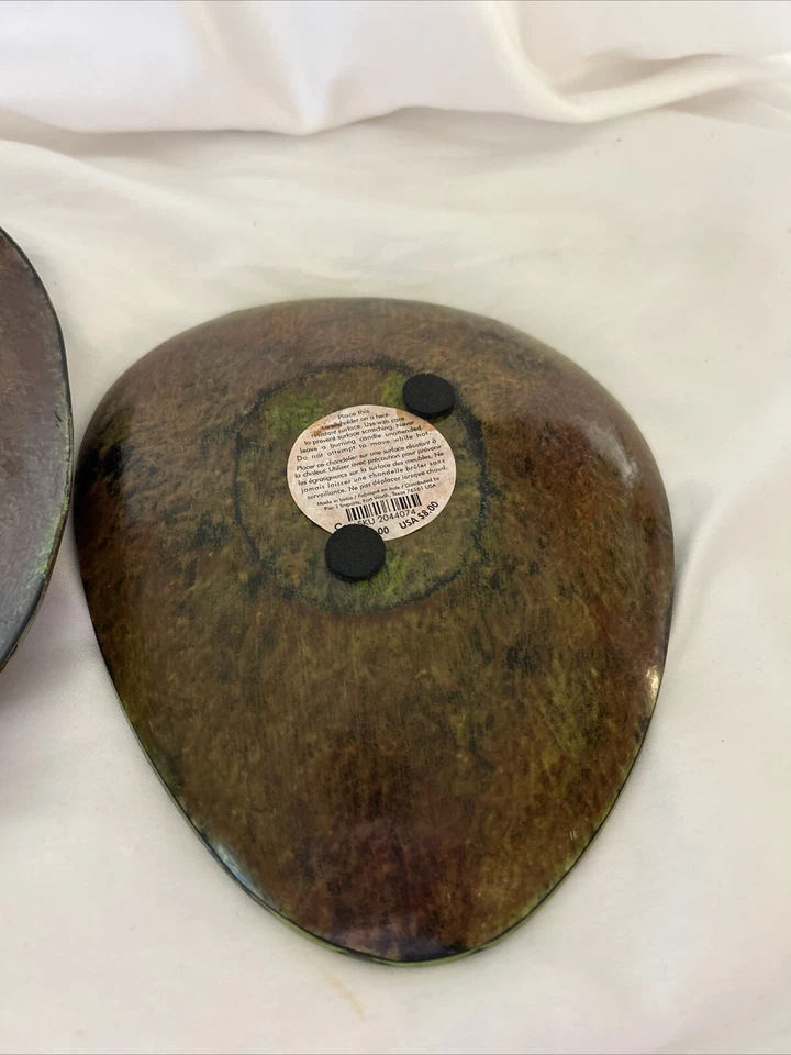 Pier 1 Pillar Candle Holder Metal Plate Brown Green Oval 9” Trinket Dish Set 3 - Image 4 of 4