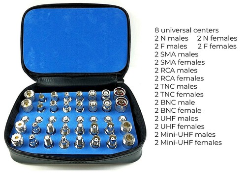 Kit adaptador coaxial universal de RF Unidapt 40 piezas N UHF mini-UHF BNC TNC SMA RCA F - Imagen 2 de 3