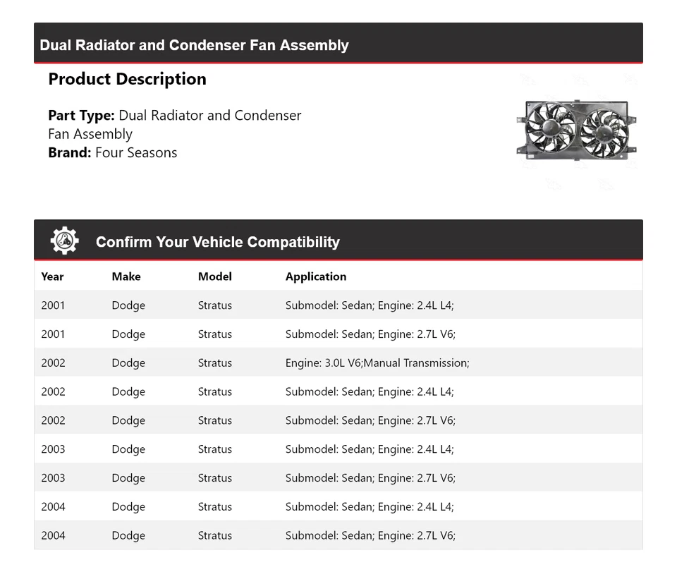 For 2001-2004 Dodge Stratus Dual Radiator and Condenser Fan Assembly 4 Seasons - Image 2 of 4