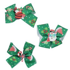 3 Pack Green Hair Bows - Christmas Bow with Silicone Charms - Snowman Stockin...