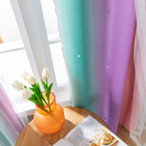 1PC Blackout Curtain for Girls Room 63in Star Cutout Rainbow Tulle Panel with Ti - Picture 4 of 9
