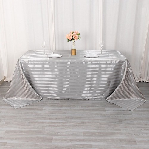 90"x132" SILVER Stripes Satin Rectangular TABLECLOTH Table Linen Party Event