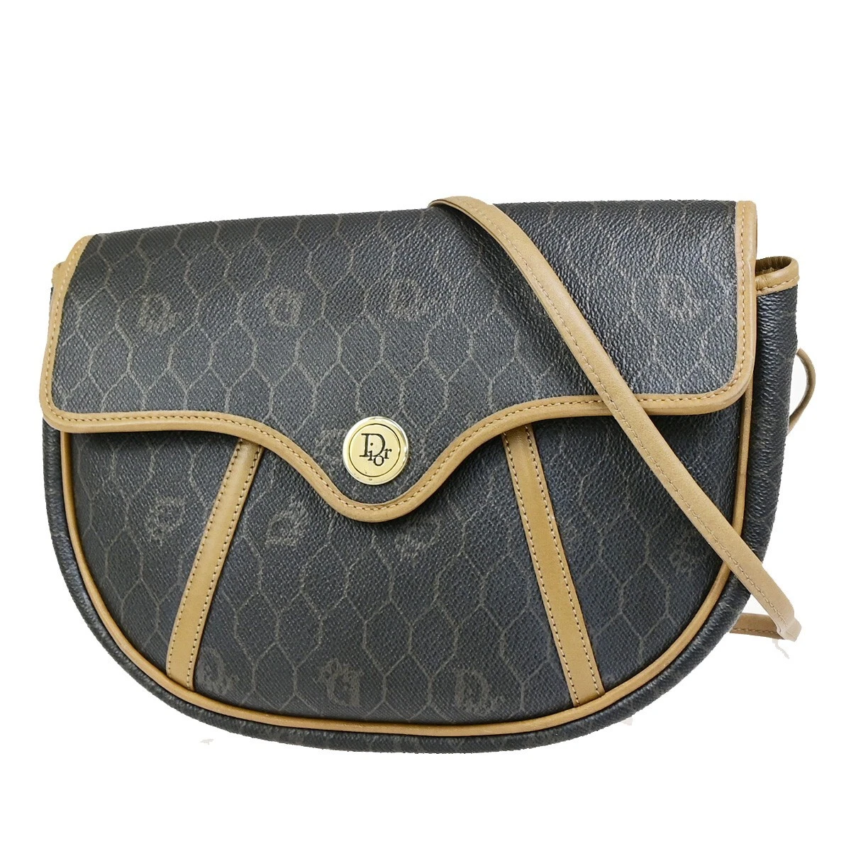 Sac bandoulière CHRISTIAN DIOR logos nid d'abeille PVC cuir marron or 65EC892