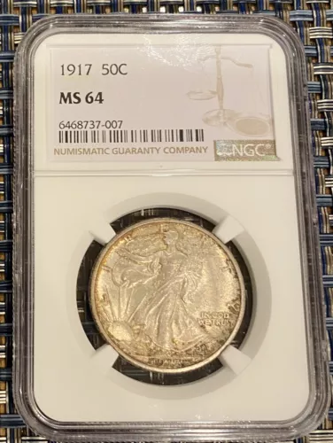 1917 50C NGC GEM MS 64 PQ+ Toned Walking Lib Low MINTAGE Year!!