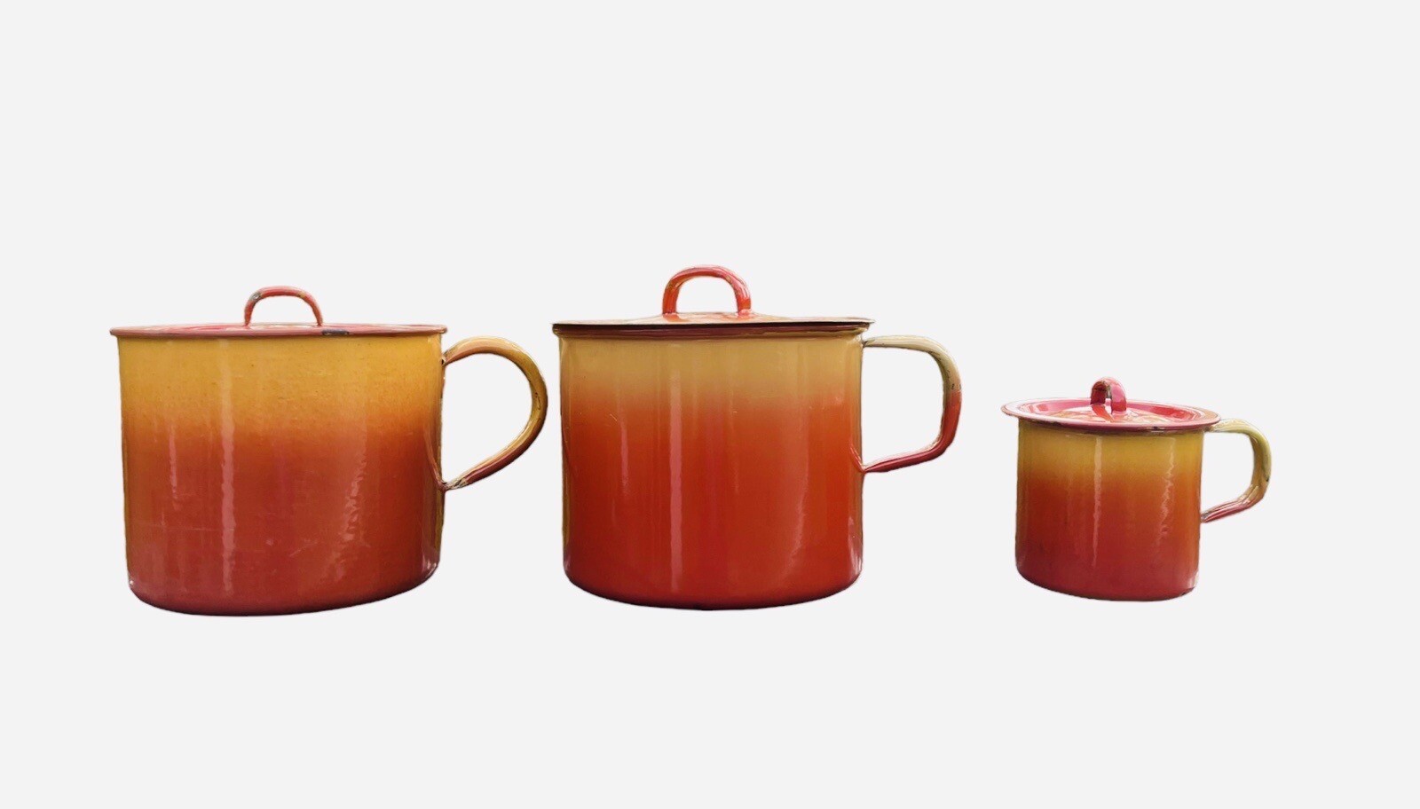 Bomben Emaille Enamelware German Pot Kettle Lid Orange Vintage 6 Pieces