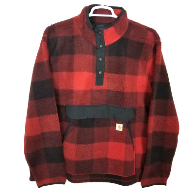 Carhartt Men Relaxed Fit Fleece Jacket  Sz L Reg Snap Neck Red Black Check
