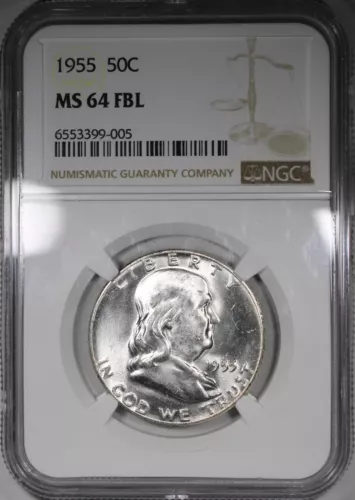 1955 Franklin Half Dollar NGC MS64FBL Full Bell Lines Mostly White Coin Flashy