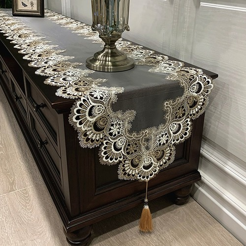 Oval Table Runner Embroidered Table TV Cabinet Tablecloth Lace Tassel Dust Cover - Picture 21 of 23