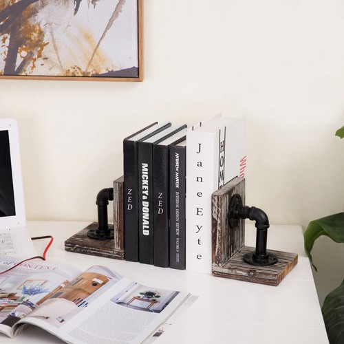 MyGift 1 Pair Industrial Style Pipe and Torched Wood Decorative Desktop Bookends - Picture 3 of 7
