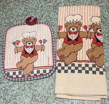 Vintage 1980s Teddy Bear Chef Kitchen Set Towel & Potholder B&D Made In USA