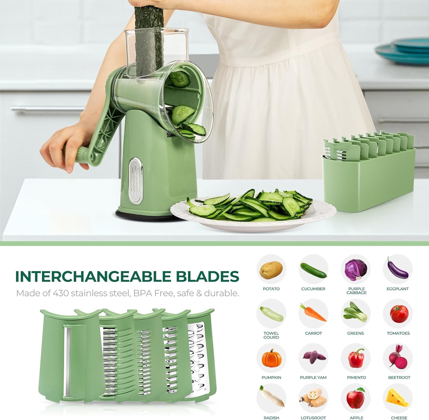 SUSTEAS Rotary Cheese Grater with Handle - Vegetable Shredder 5 Green 