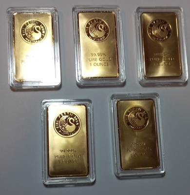 #ad 1 OZ GOLD BAR X 5. PERTH MINT. FINISHED IN .999 FINE 24 KARET GOLD. AU $499.00