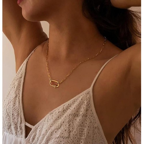 Paperclip Safety Pin Pendant Necklace, Stainless Steel Zirconia Gold Plated - Picture 3 of 26