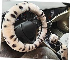 Winter Warm Fluffy Furry Fuzzy Car Steering Wheel Coveruniversal Beigeleopard