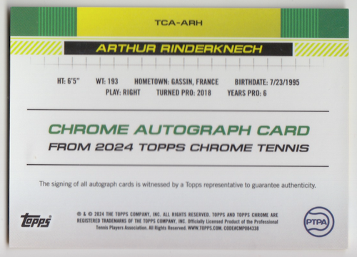 2024 Topps Chrome Tennis Arthur Rinderknech Gold Refractor Autographs Auto /50 - Picture 2 of 2