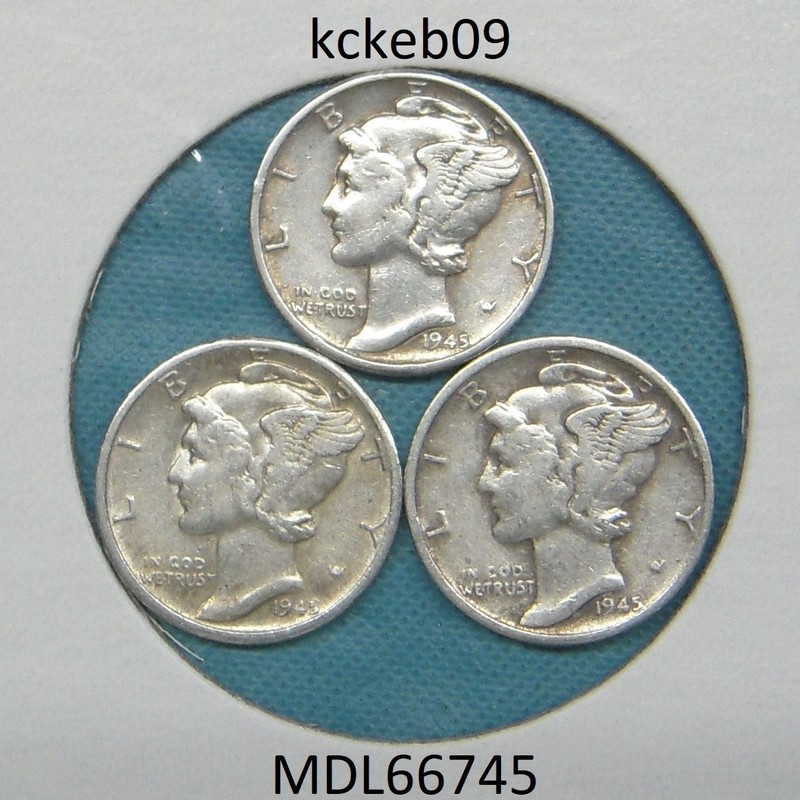 Mercury dime lot of 3, 1945-D, 1945-P, 1945-S.  90% silver coins