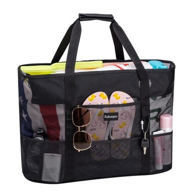 KABAQOO Mesh Beach Bag, Extra Large Bags with 9 Pockets X-Large, Black 