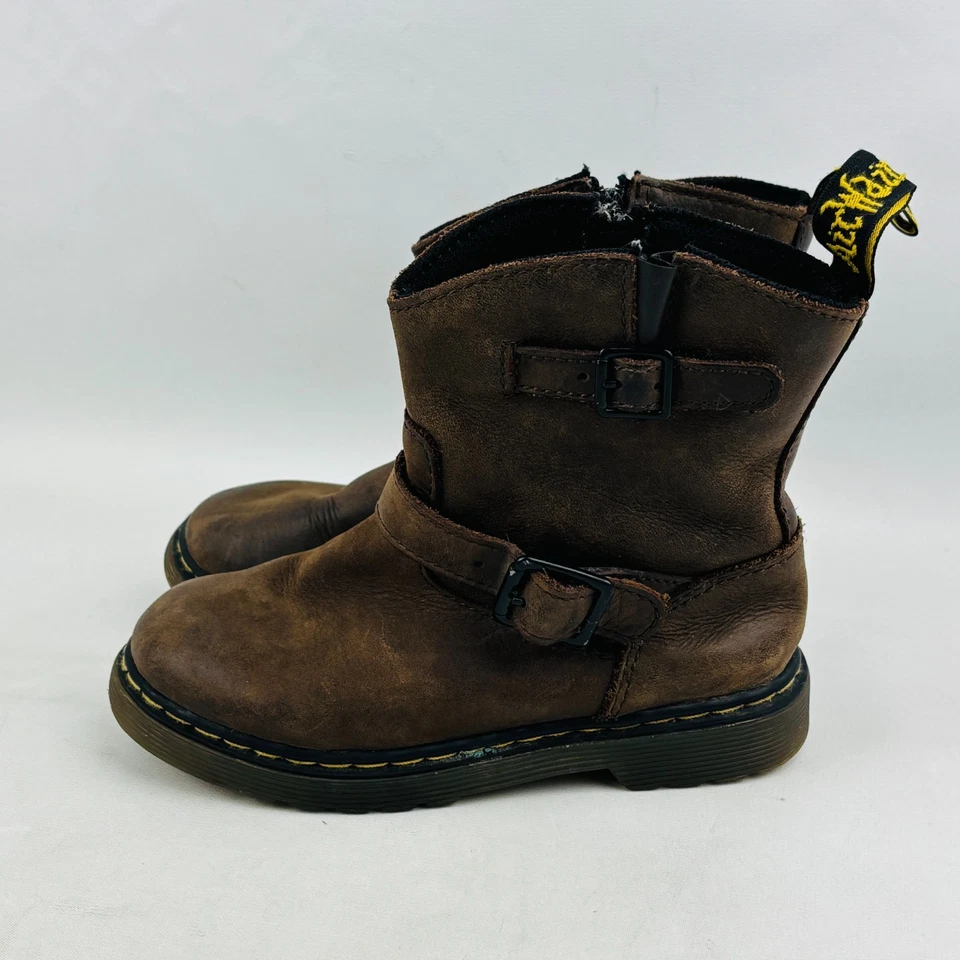 Botas Dr. Martens Jiffy Cremallera Lateral Niños Pequeños 10 Correas de Cuero Marrón Hebillas Foto 3 de 4