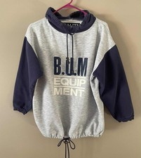 Vtg 1992 BUM Equipment Gray Blue Hoodie w/ Drawstrings Logo Oversized Mens MED