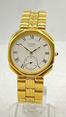 Vintage Pulsar Mens Dress Watch w/Band Fancy Dial/Case Gold Tone