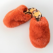 Faux Fur Slippers Womens Size 7 Orange Leopard Lined Cozy Fuzzy House Mules