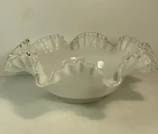 Vintage Fenton White /Clear  Silvercrest Large Ruffled Glass Fruit Bowl 10.5 in.
