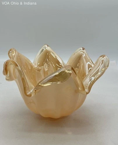 Murano Art Glass Bowl Iridescent Peach Flower Shape Hand Blown Italy Vintage