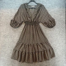 Max Studio Dress Womens L Black Floral V-Neck Midi Prairie Boho Cottagecore