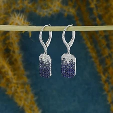 Round Cut Simulated Blue Sapphire Clip On Drop Earrings In 14k White Gold Plated