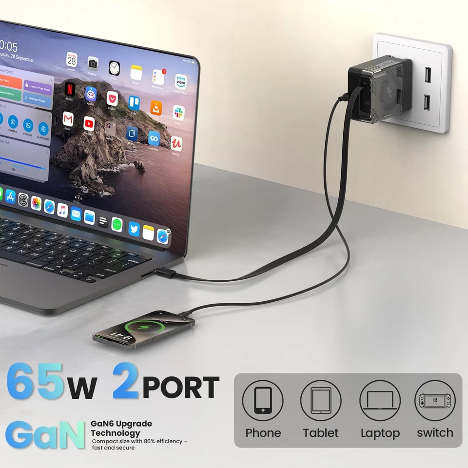 FlexLine 65W para cargador de pared retráctil (GaN6), doble puerto con retracción de 28,7 pulgadas... Foto 2 de 4