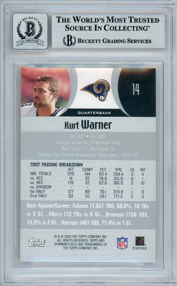 2003 Bowman's Best #14 Kurt Warner Rams BGS Autograph 10 - Image 2 of 2