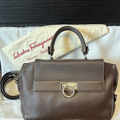 Authentic Salvatore Ferragamo Medium Sofia Satchel in Dark Brown Grained Leather