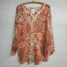 Vintage Raiment Fashions Red Floral 100% Silk Tunic Top Womens Size Medium