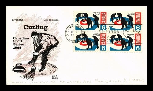 COVER CURLING CANADIAN SPORTS SERIES FIRST DAY ISSUE BLOCK OF 4 COLE CACHET