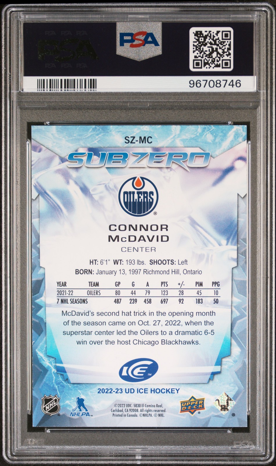 2022 UD ICE SUB ZERO #SZMC CONNOR MCDAVID PSA 9 view 2